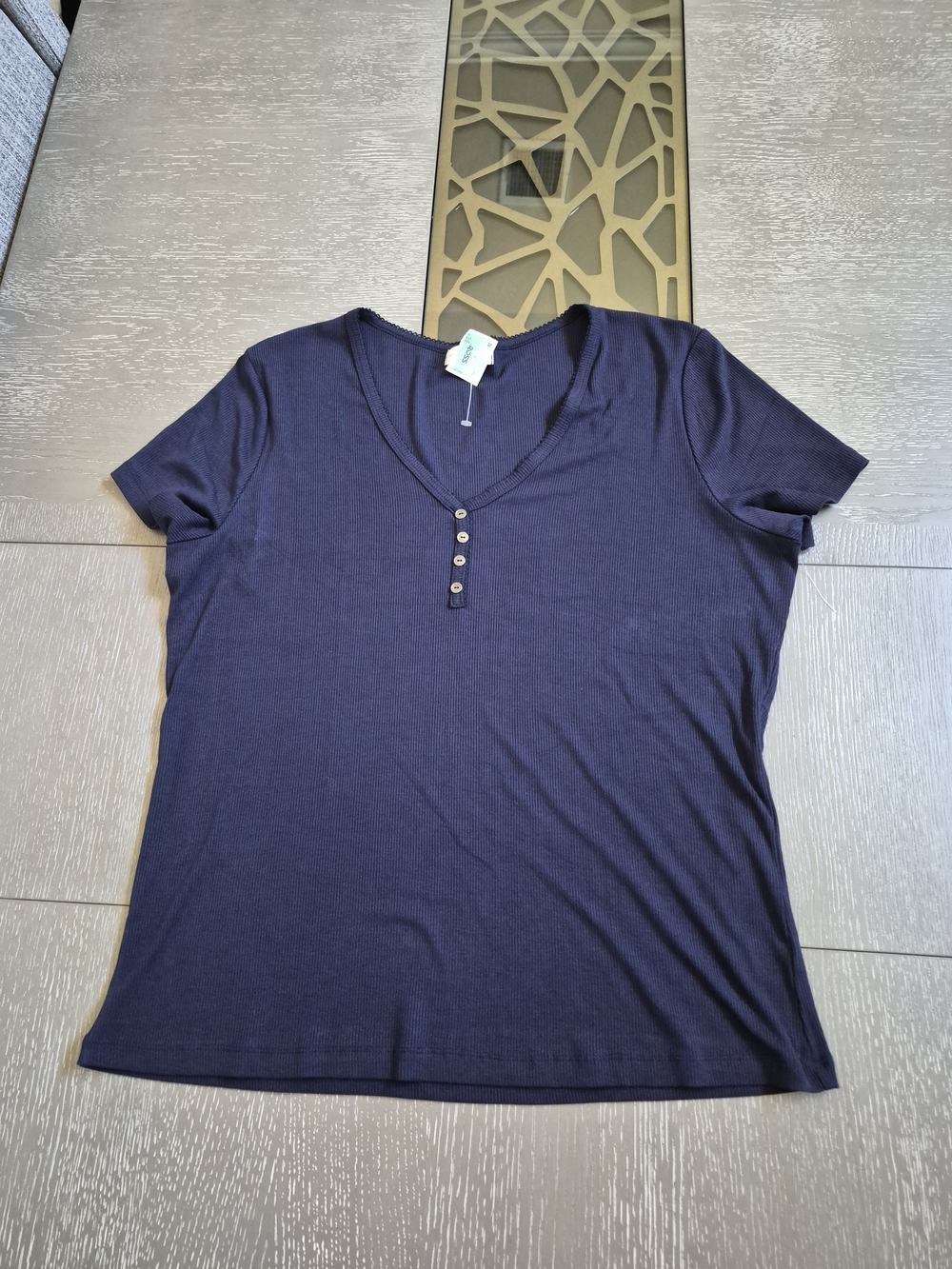 Classic V-Neck Short Sleeve Tee with Button Placket in Navy